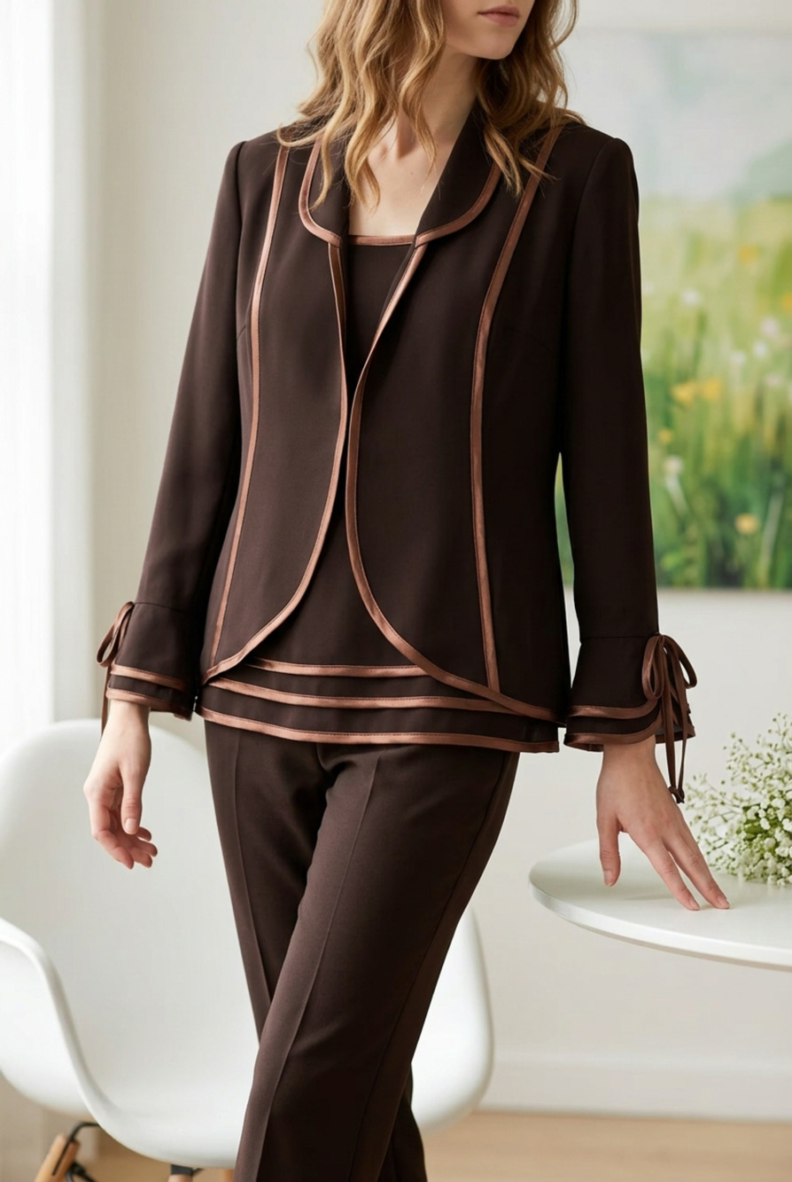 A.P. Designer Collection Jacket Size 16 Brown Open Front Satin Trim